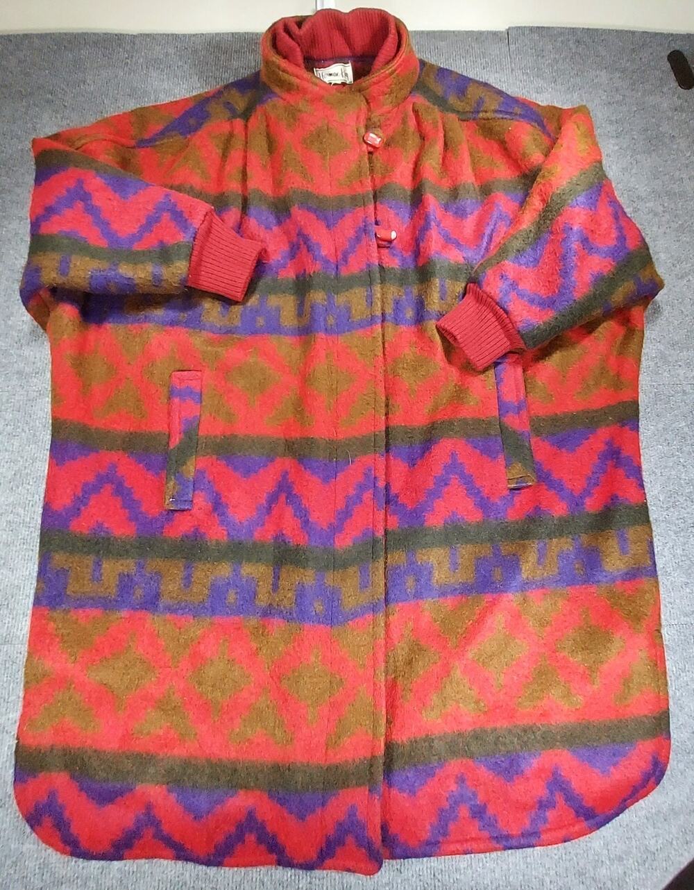 VTG Herman Kay Geometric Southwestern Wool Blend Coat Jacket Women's Large Red